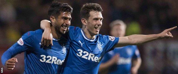 Rangers' Eduardo Herrera celebrates his goal with Ryan Jack against Partick Thistle