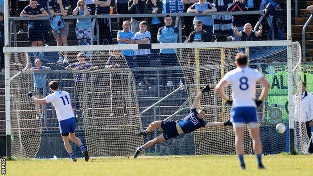 Jack McCarron scores his penalty at Clones