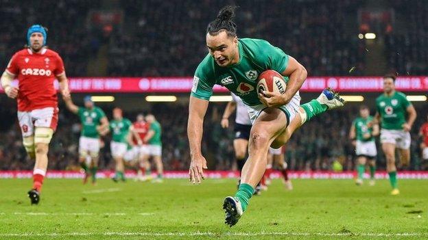 Ireland wing James Lowe dives to score a try in their recent Six Nations win over Wales