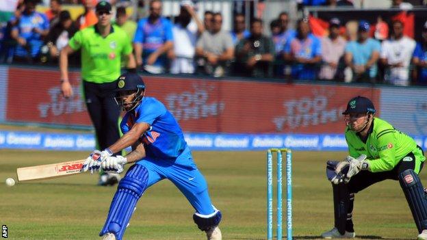 Shikhar Dhawan plays a shot on his way to an impressive 74 against Ireland at Malahide