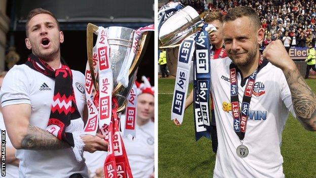 Sheffield United's Billy Sharp and Bolton Wanderers' Jay Spearing celebrate promotion to the Championship