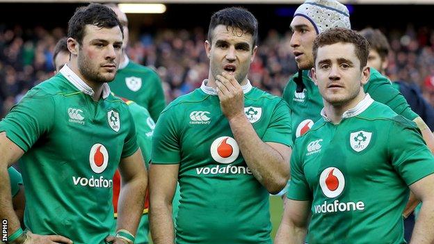 Robbie Henshaw, Conor Murray and Paddy Jackson look dejected after Ireland's Murrayfield defeat