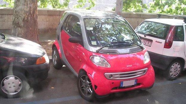 Smart car parked perpendicular