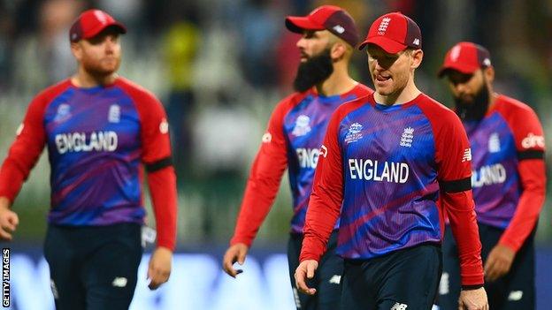 England walk off after their semi-final defeat by New Zealand in the T20 World Cup in 2021