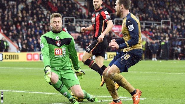 Arsenal's Aaron Ramsey challenges Bournemouth keeper Artur Boruc