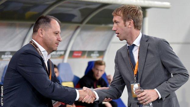 Ostersund manager Graham Potter shakes hands with Zorya head coach Iurii Vernydub before last season's Uefa Europa League Group J match