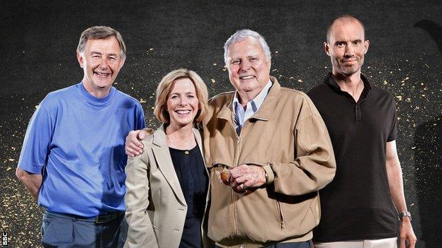 Hazel Irvine (second from left) with Ken Brown, Peter Alliss and Andrew Cotter