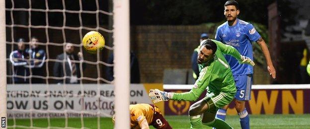 Aberdeen goalkeeper Joe Lewis (centre) watches as his mistake leads to Motherwell's first goal