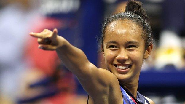 Leylah Fernandez celebrates after reaching the US Open final