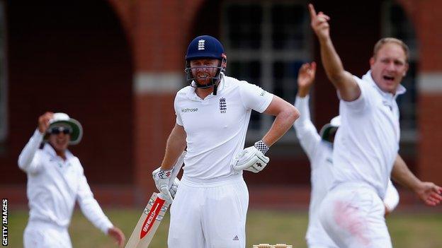 England's Jonny Bairstow looks to the umpire as Dieter Klein of South Africa appeals successfully to take his wicket