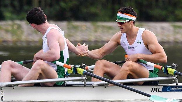 Ronan Byrne and Philip Doyle celebrate winning their repechage heat in Bulgaria