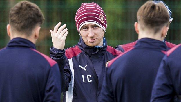 Hearts head coach Ian Cathro takes training on Thursday