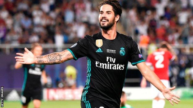 Real Madrid scorer Isco celebrates against Manchester United