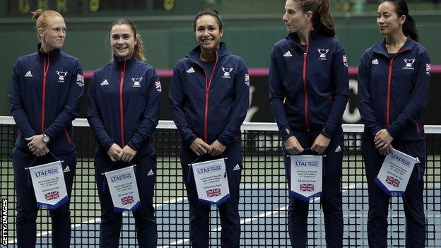 Great Britain Fed Cup team for the tie against Japan, from left: Anna Smith, Gabi Taylor, Heather Watson, Johanna Konta and captain Anne Keothavong