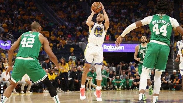 Stephen Curry takes a shot against the Boston Celtics in game two of the NBA finals