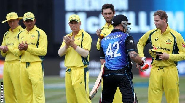 Brendon McCullum is given a guard of honour by Australia on his way to the wicket for his final ODI innings