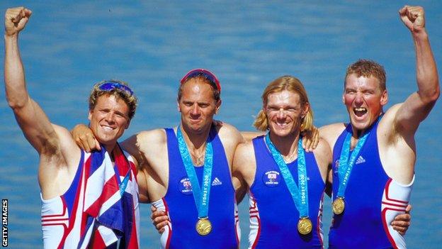 James Cracknell, Sir Steve Redgrave, Tim Foster and Sir Matthew Pinsent celebrate gold in Sydney