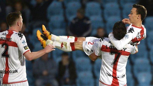 Paul Heatley gets a lift after Crusaders into a 2-1 lead against Ballymena