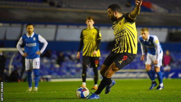 Troy Deeney scores his penalty for Watford at Birmingham City