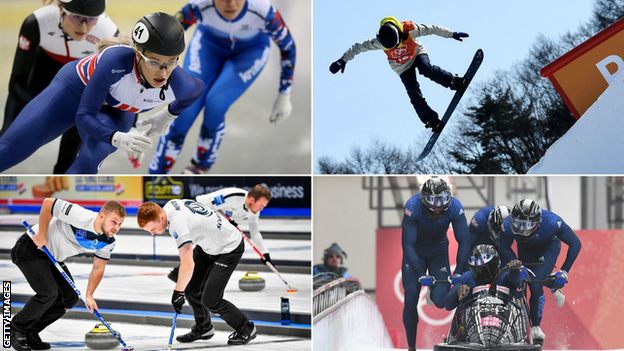 Split pic of GB winter sport athletes: Elise Christie, Katie Ormerod, Kyle Waddell and Duncan Menzies, and GB bobsleigh at Pyeongchang 2018