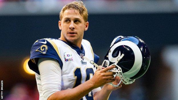 Jared Goff looks on during the Los Angeles Rams' game against the Atlanta Falcons in October 2019