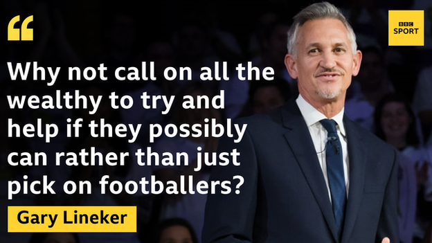 Quote graphic: "Why not call on all the wealthy to try and help if they possibly can rather than just pick on footballers?," Lineker said.