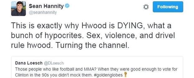 Sean Hannity tweets: "This is exactly why Hwood is DYING, what a bunch of hypocrites. Sex, violence, and drivel rule hwood. Turning the channel."