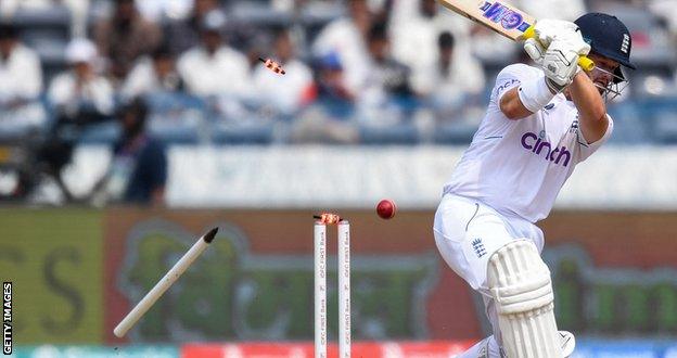 Ben Duckett is bowled by Jasprit Bumrah