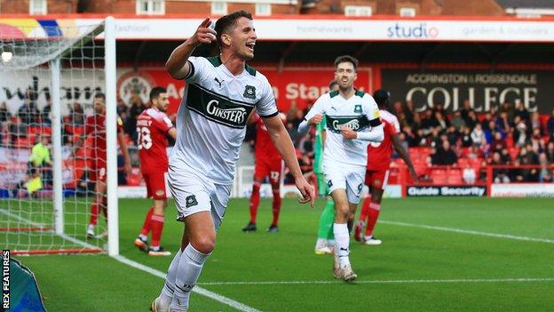 Plymouth's Jordan Houghton celebrates his goal