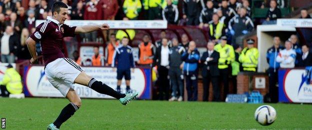 Jason Holt scores for Hearts against Rangers during season 2014-15