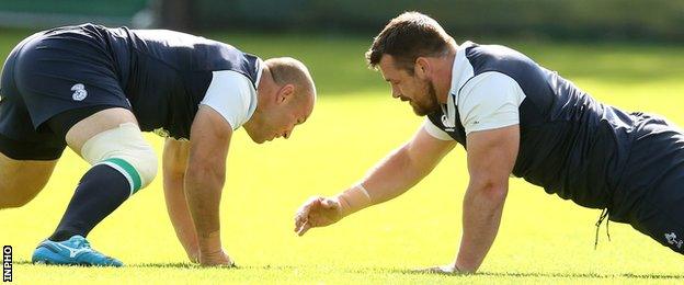 Richardt Strauss and Cian Healy during Ireland training on Thursday