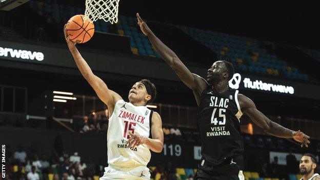 Abdellatif Mohab of Zamalek drives to the basket during the game against the Seydou Legacy Athletique Club