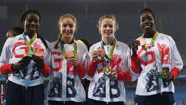 Christine Ohurougu, Emily Diamond, Eilidh Doyle and Anyika Onuora pose with their Olympic bronze medals in Rio