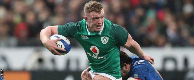 Dan Leavy attempts a charge for Ireland in Paris