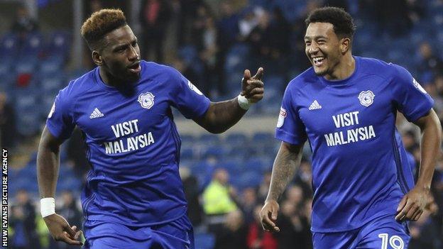 Omar Bogle celebrates scoring his first goal for Cardiff City