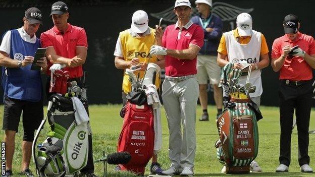 (l-r) Henrik Stenson, Dustin Johnson and Danny Willett