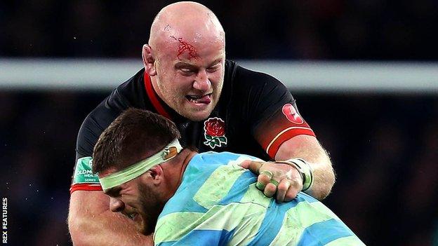 Dan Cole makes a tackle against Argentina