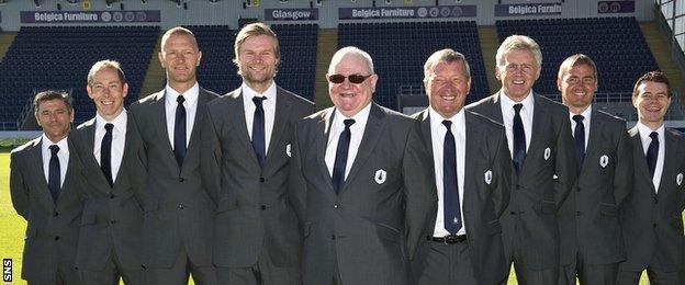 Falkirk's backroom team of season 2010-11: kitman Stephen Sproule, physio Kenny Cross, Lee Bullen, Steven Pressley, Embassadors Club member Bob Worgan, Alex Smith, goalkeeping coach Jim Preston, academy director Craig McPherson and director of football Ross Wilson