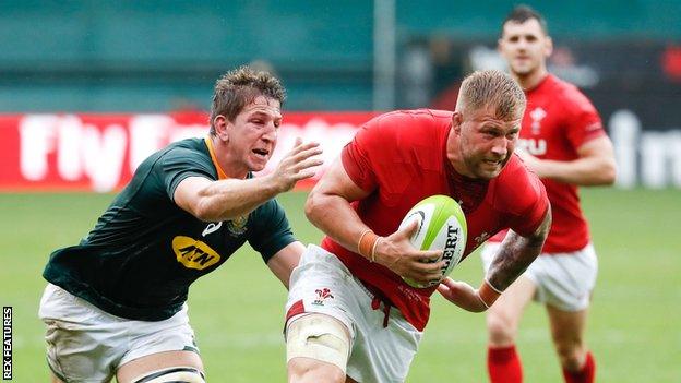 Wales back-row Ross Moriarty on the charge against South Africa