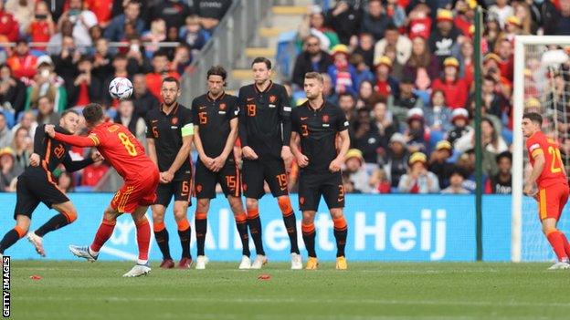 Wales midfielder Harry Wilson tests Netherlands goalkeeper Mark Flekken with a curling first half free-kick