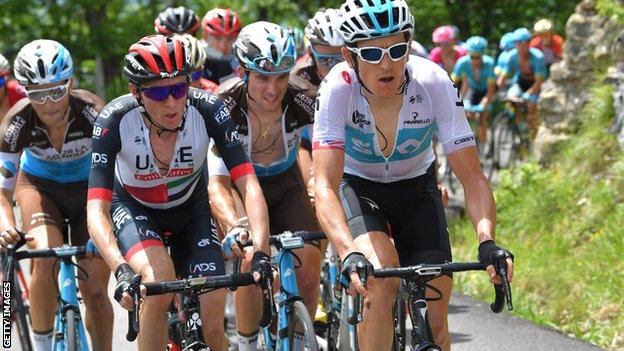 Daniel Martin of Ireland and UAE Team Emirates, Pierre Latour of France and Team AG2R La Mondiale, Geraint Thomas of Great Britain and Team Sky during stage four of the Criterium du Dauphine 2018