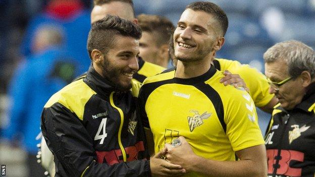 Progres Niederkorn defender Yann Marques Mathias (right) is all smiles at full-time against Rangers