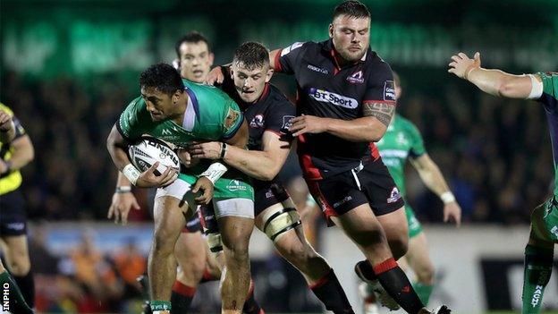 Connacht's Bundee Aki is tackled by Edinburgh's Magnus Bradbury and Rory Sutherland