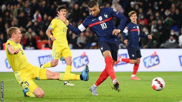 Kylian Mbappe scoring against Kazakhstan