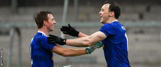 Cavan players Jason McLoughlin and Gearóid McKiernan celebrate