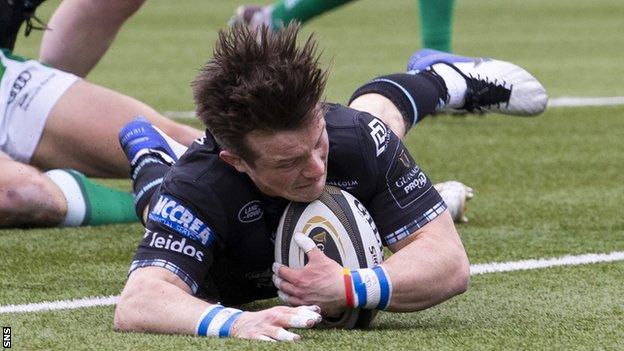 George Horne scores a try for Glasgow Warriors against Benetton