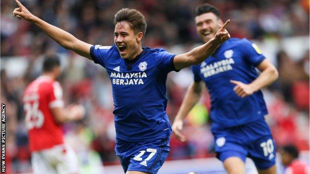 Rubin Colwill celebrates a goal at Nottingham Forest in September 2021