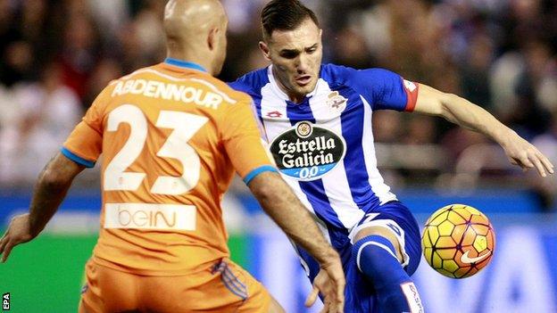 Lucas Perez playing for Deportivo la Coruna against Valencia