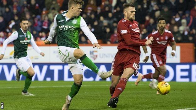 Hibs' Florian Kamberi fires wide at Pittodrie