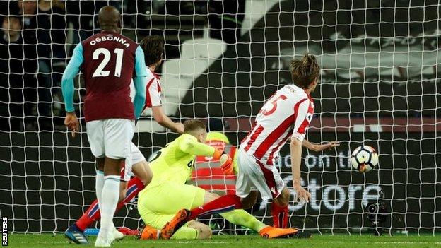 Peter Crouch scores Stoke's goal against West Ham on Monday